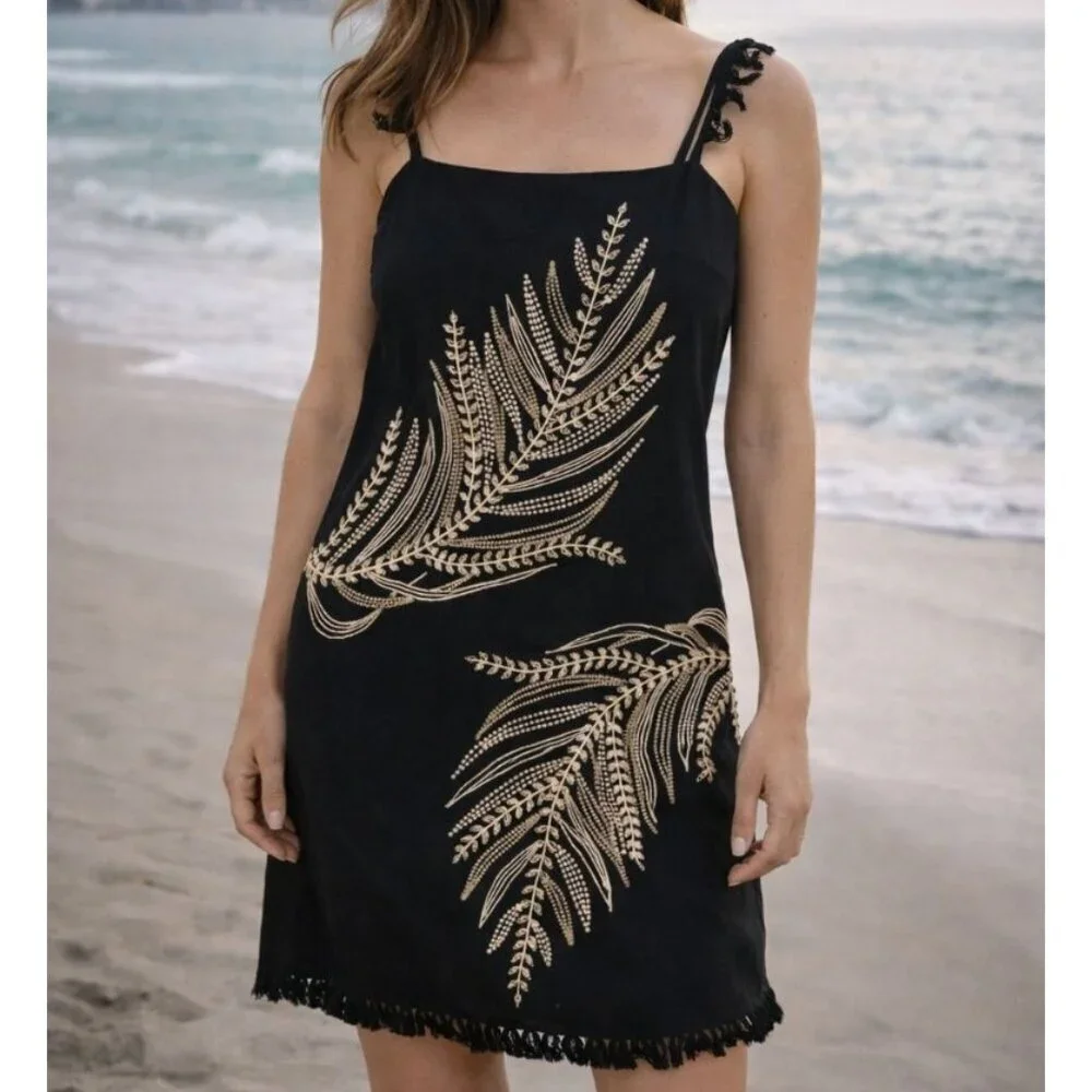 Anthropologie The Sariah Fringe Mini Dress Black Gold Embellished Sequin Tank XS